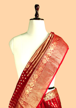 Pure Organza Handloom Banarasi Saree with Silver and Gold Stripe