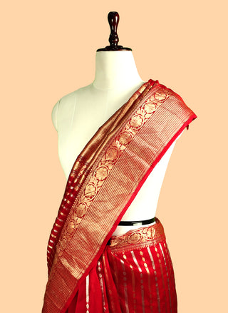 Pure Organza Handloom Banarasi Saree with Silver and Gold Stripe